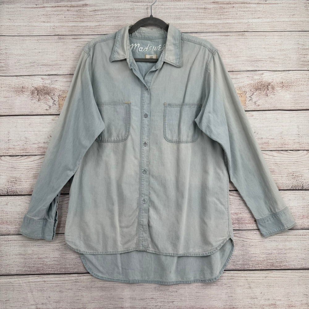 Madewell Button Down Shirt Women Large Blue Denim Light Wash Long Sleeve 25240